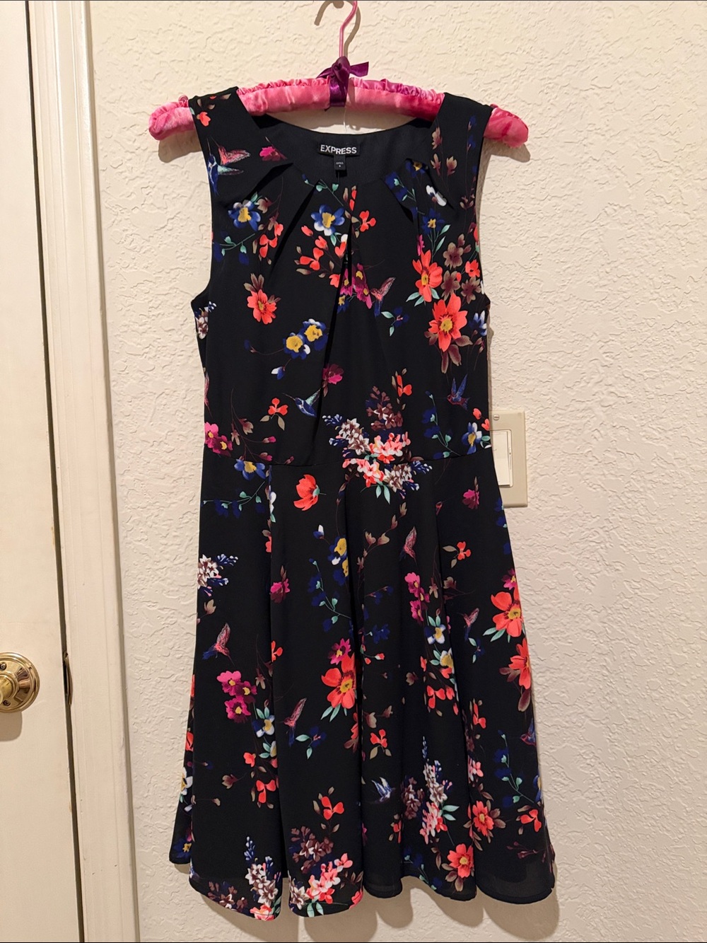 Express Black Floral A-Line Dress with Bright Blooms